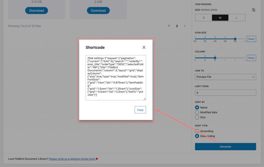 FileBird Document Library copy shortcode