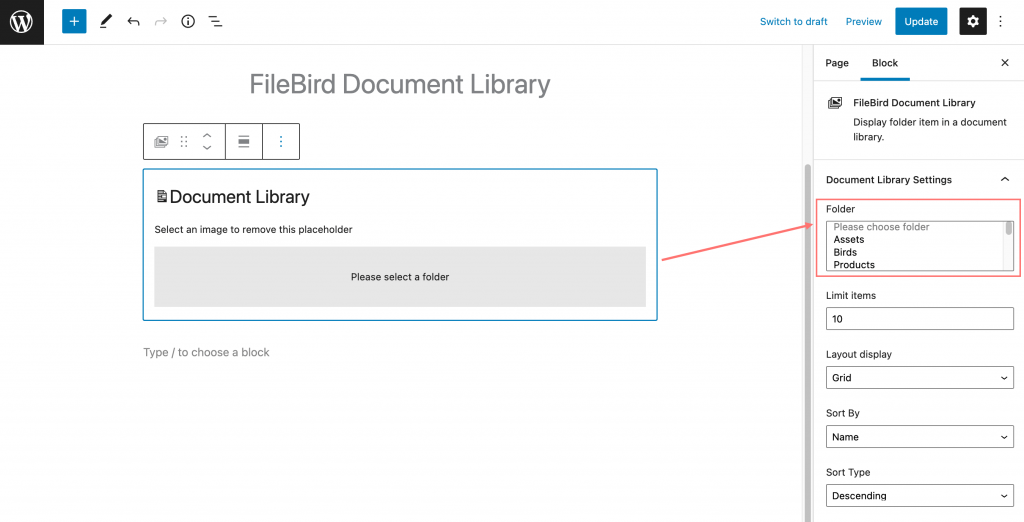Select a folder to display document library