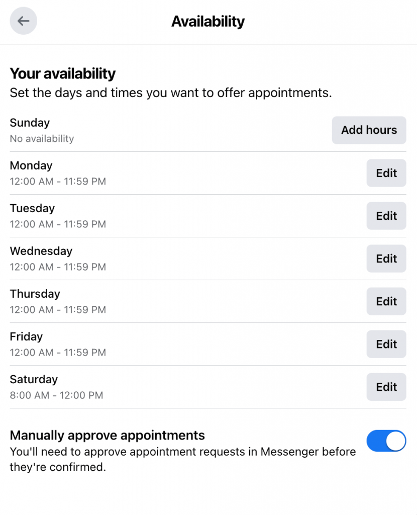 edit availability facebook appointment