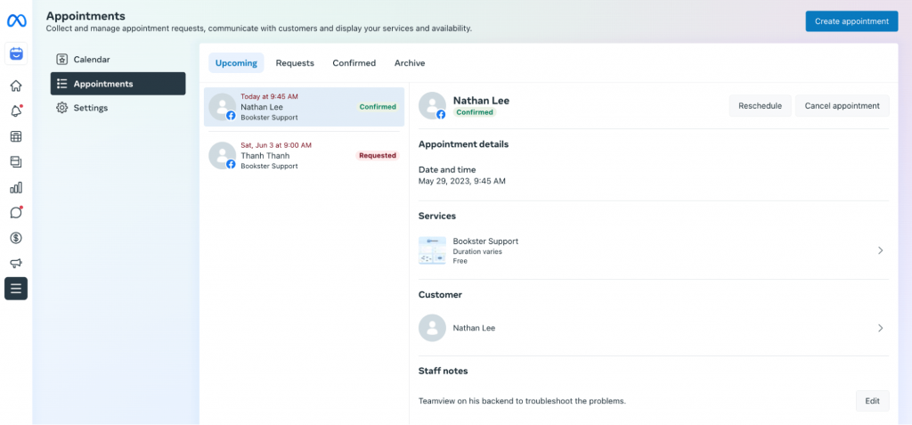 manage facebook appointments