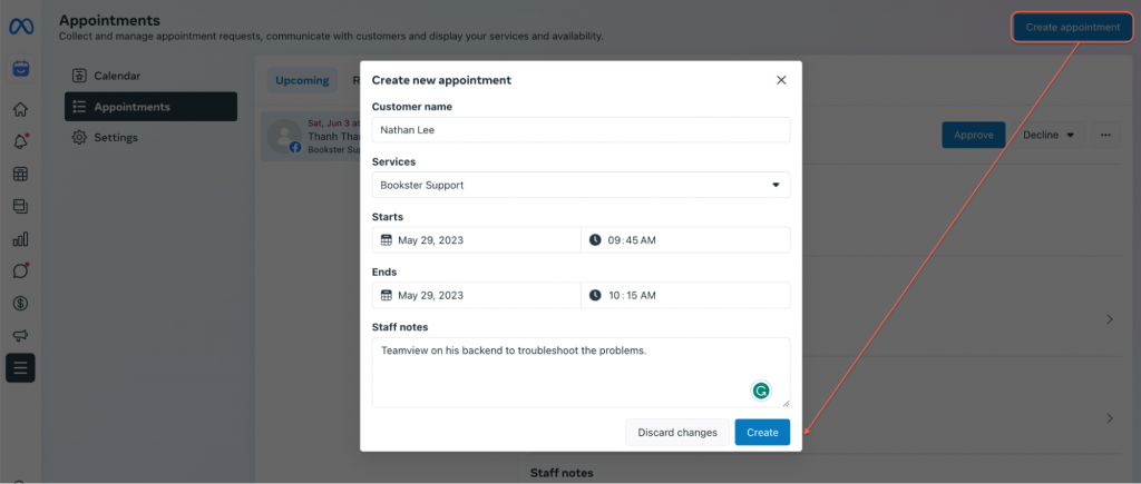 manually create new facebook appointment