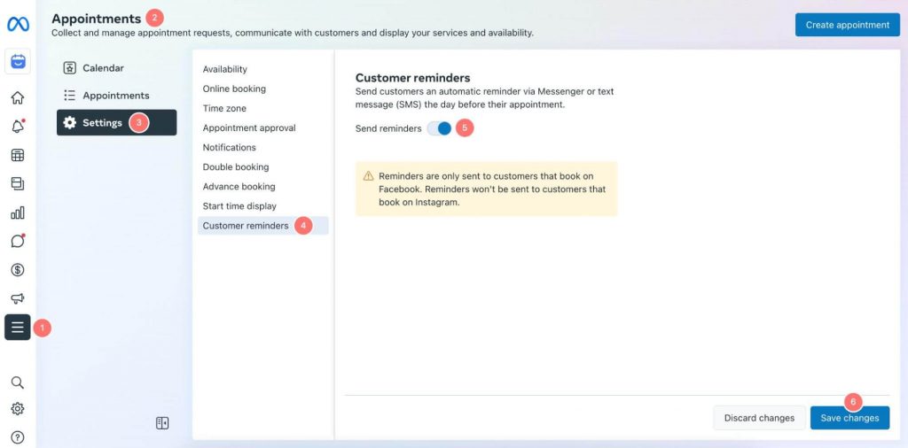 set customer reminders to facebook appointments