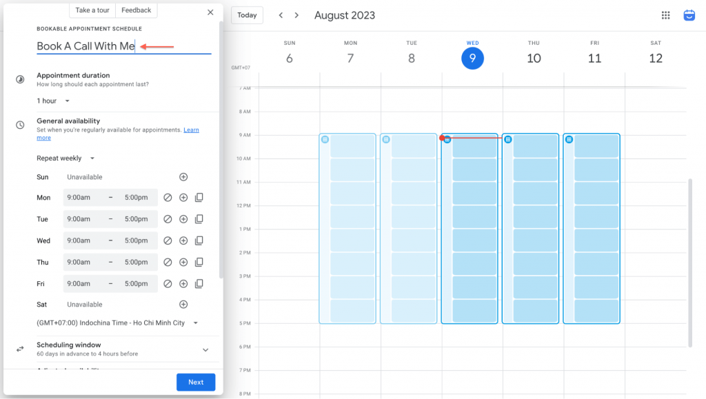 bookable appointment schedule settings