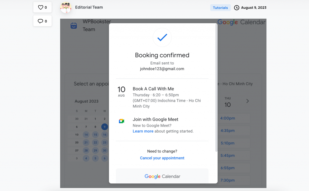 booking confirmed google appointment scheduling on wordpress