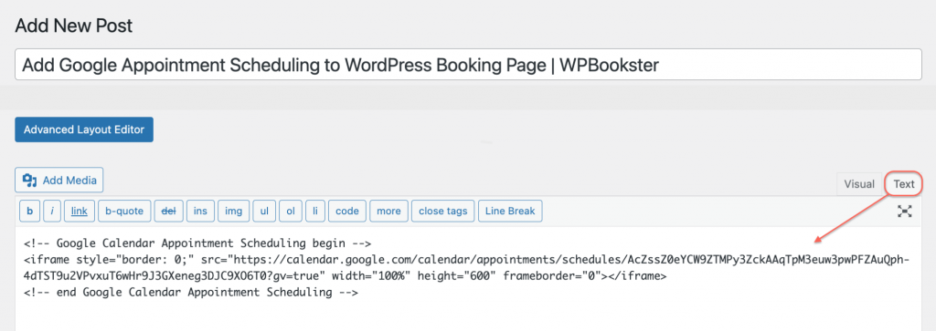 embed google calendar booking page to wordpress classic editor