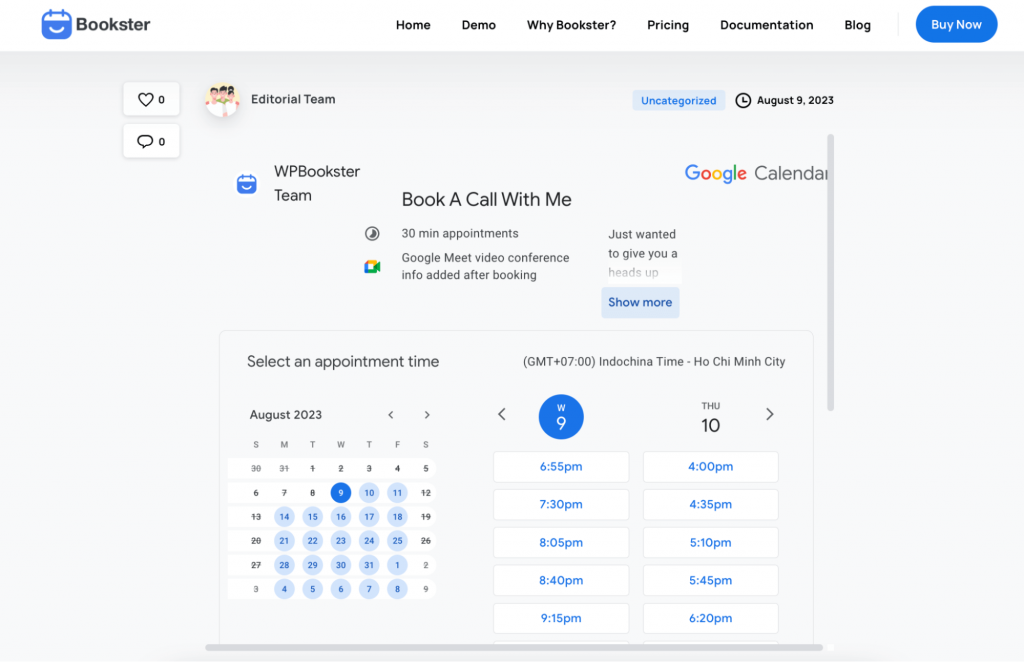 google appointment scheduling on wordpress booking page
