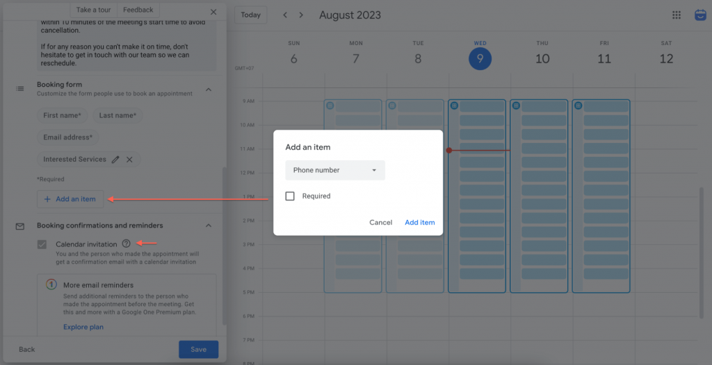 google calendar booking form and reminder settings