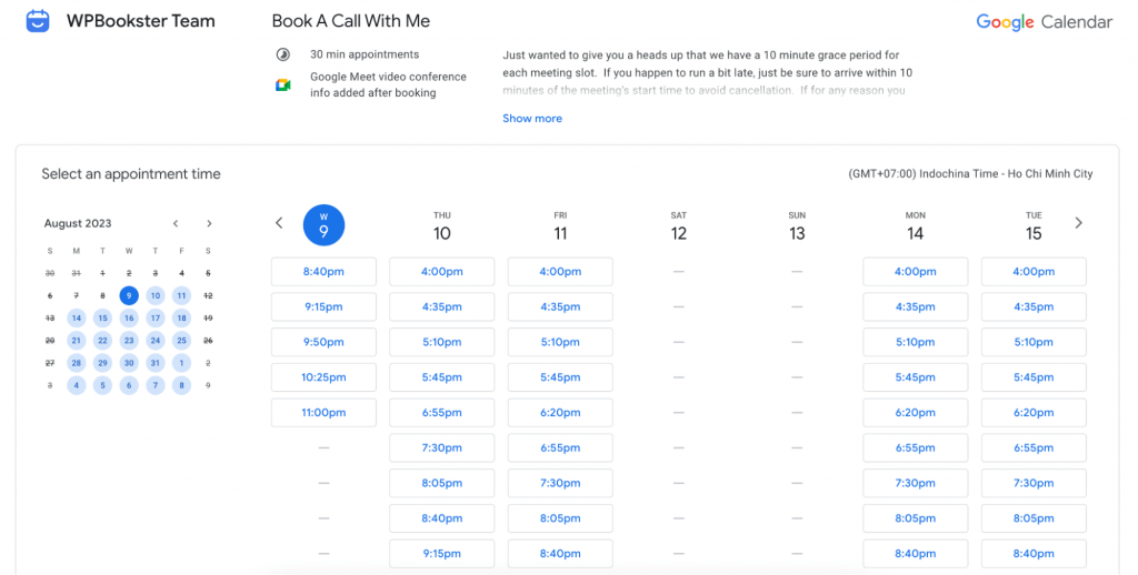 google calendar booking page