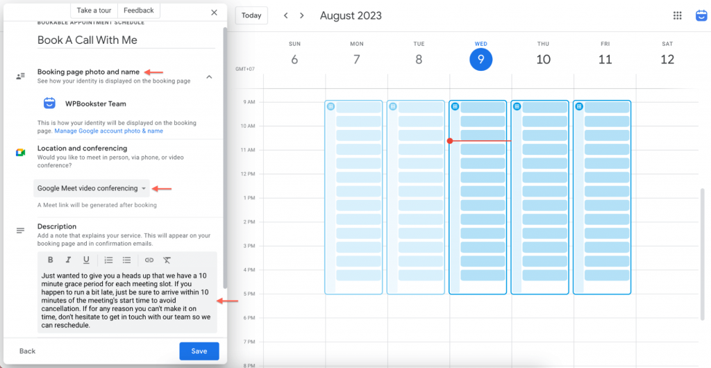 google calendar booking page settings