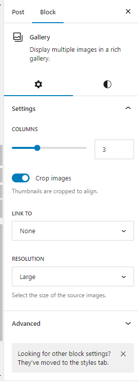 gallery block settings