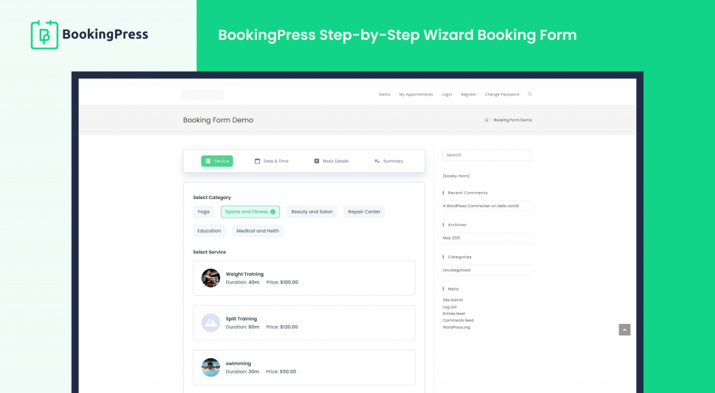 Booking form of BookingPress plugin