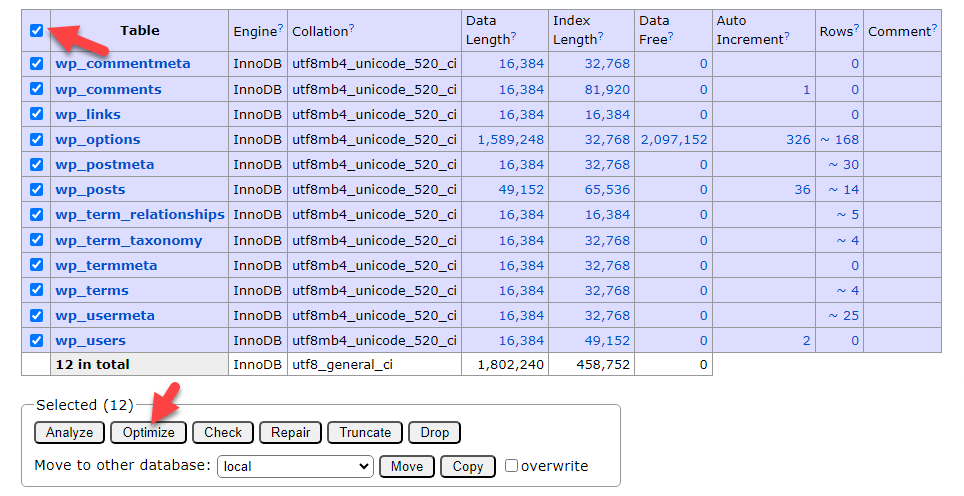 optimize table