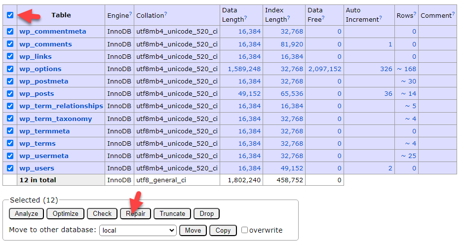 repair table - Repair and Optimize Database Tables