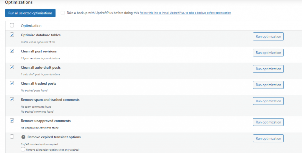 wp-optimize table management - Repair and Optimize Database Tables