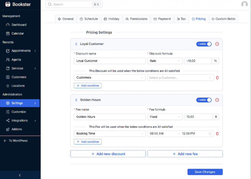 Pricing settings