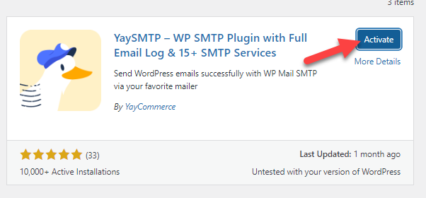 activate yaysmtp plugin - Manage WordPress Email Log