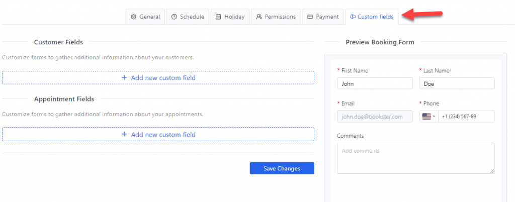 custom fields option - add custom fields to WordPress appointment booking form