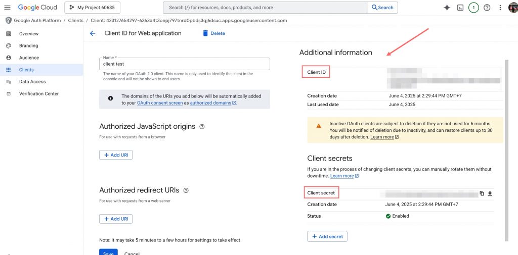 Check Client ID on Google Cloud