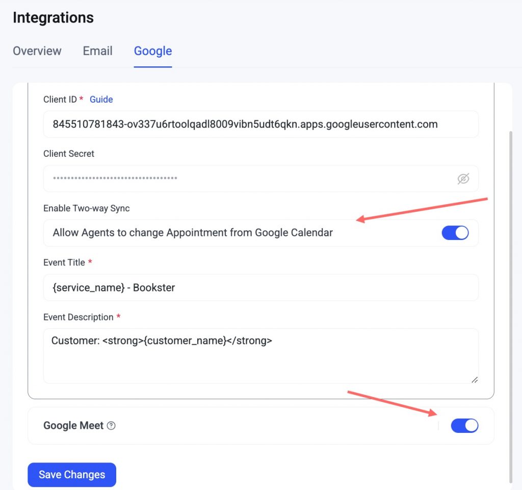 Enable to allow agents change appointment and add Google Meet link
