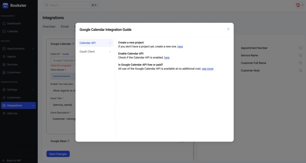 Guide table to connect Calendar API
