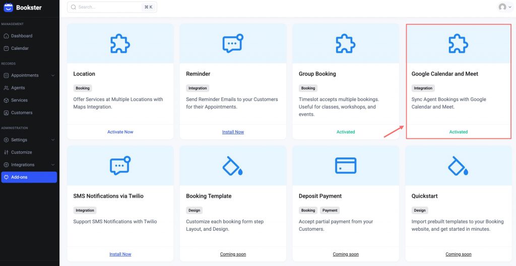 Install and Activate Google Calendar and Meet addon