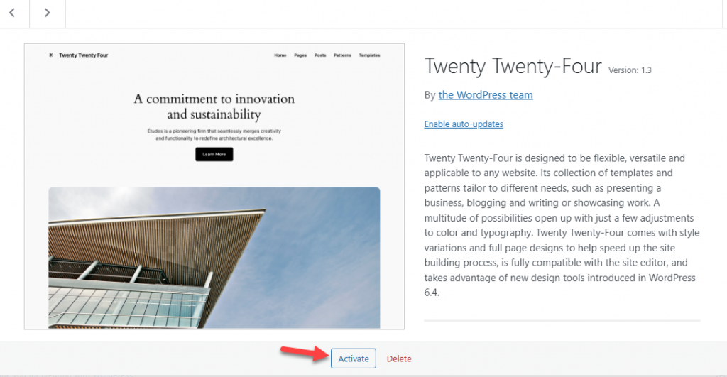 activate default wordpress theme