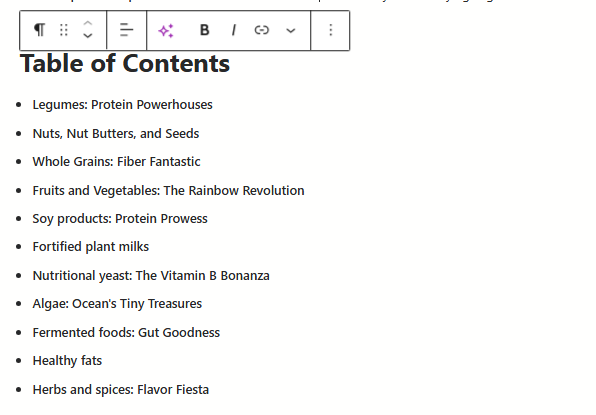 toc list created - table of contents in wordpress without plugin