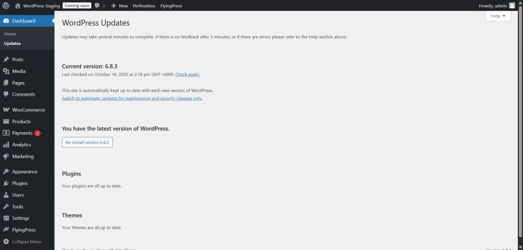wordpress updates page