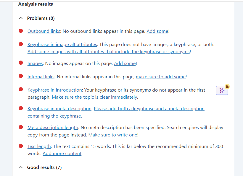 yoast on page optimization suggestions