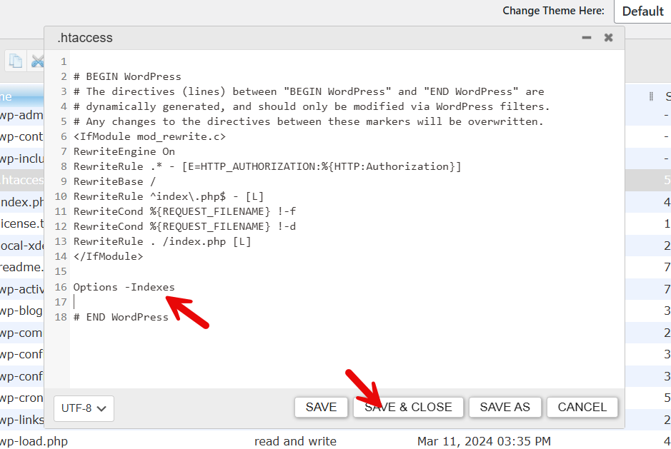 htaccess edited - disable directory browsing in wordpress