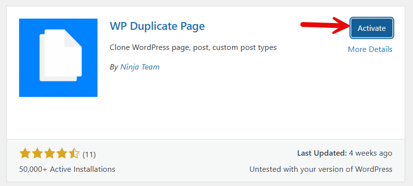 activate wp duplicate page plugin - duplicate a page or post in WordPress