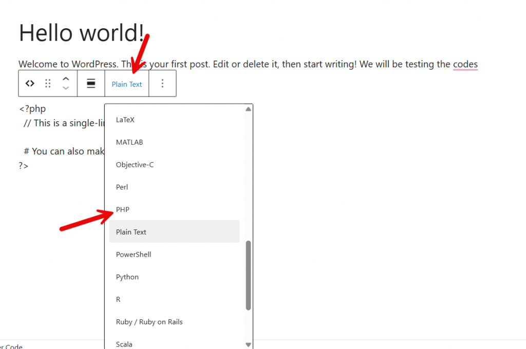 choose programming language - display code in wordpress