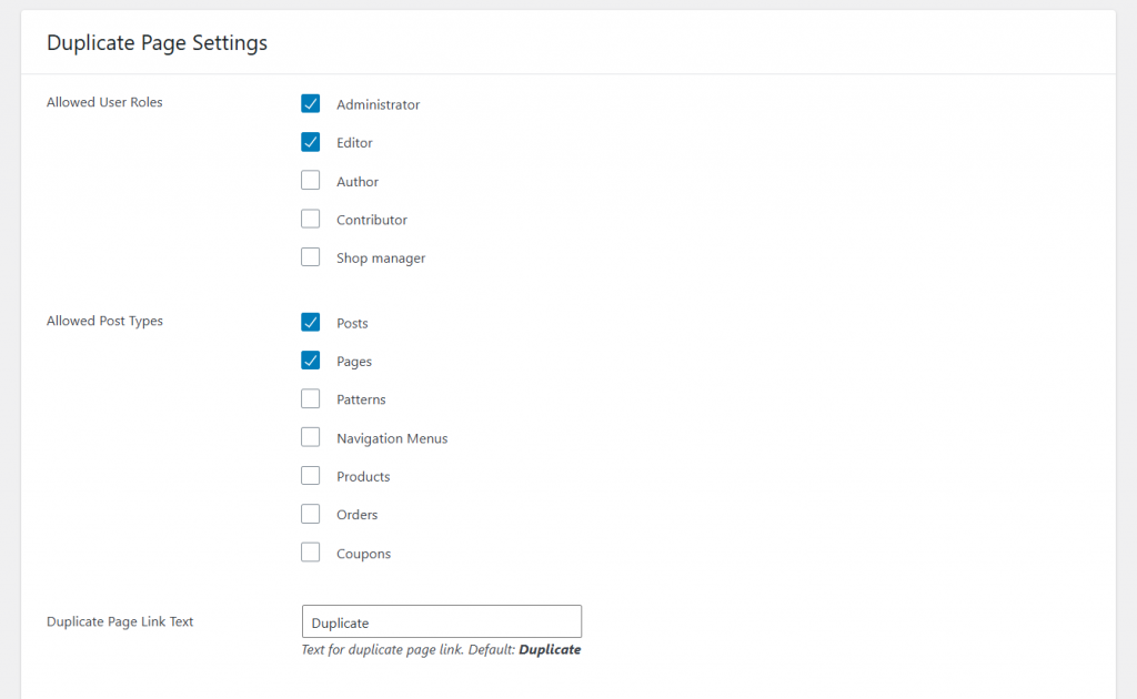 duplicate page plugin settings - duplicate a page or post in WordPress