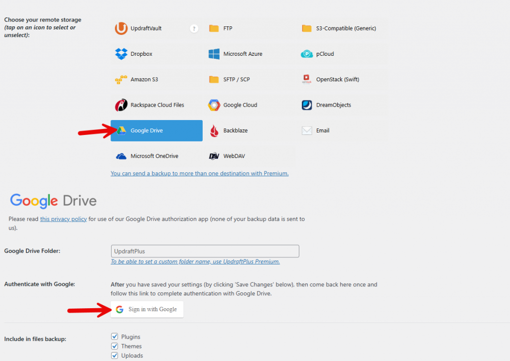 send backup to google drive - backup and restore a WordPress site