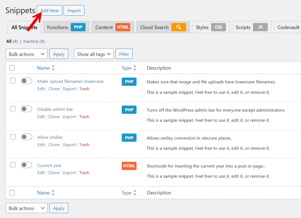 add new code snippet