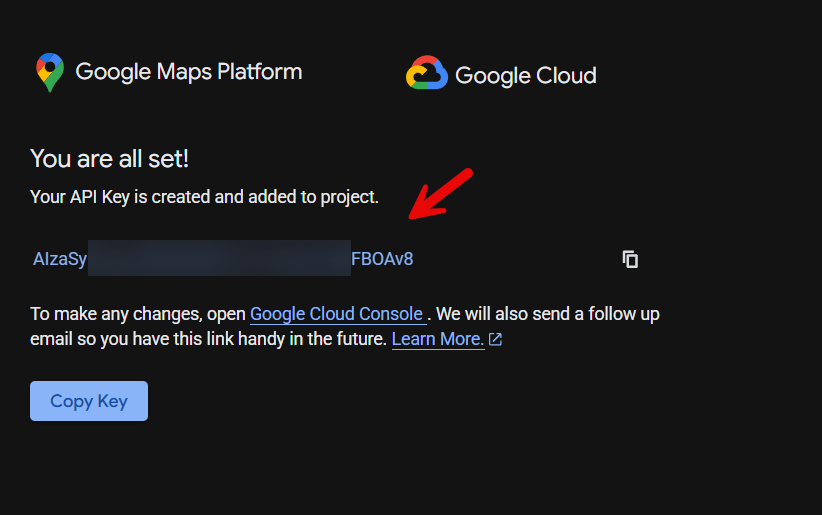 api key generated - Embed Google Maps in WordPress