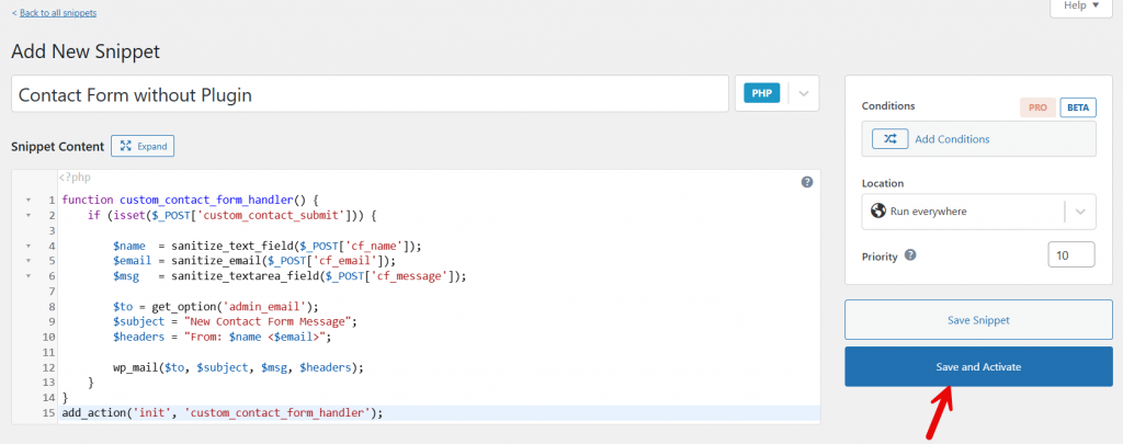 save and activate snippet - Create a Contact Form in WordPress Without a Plugin
