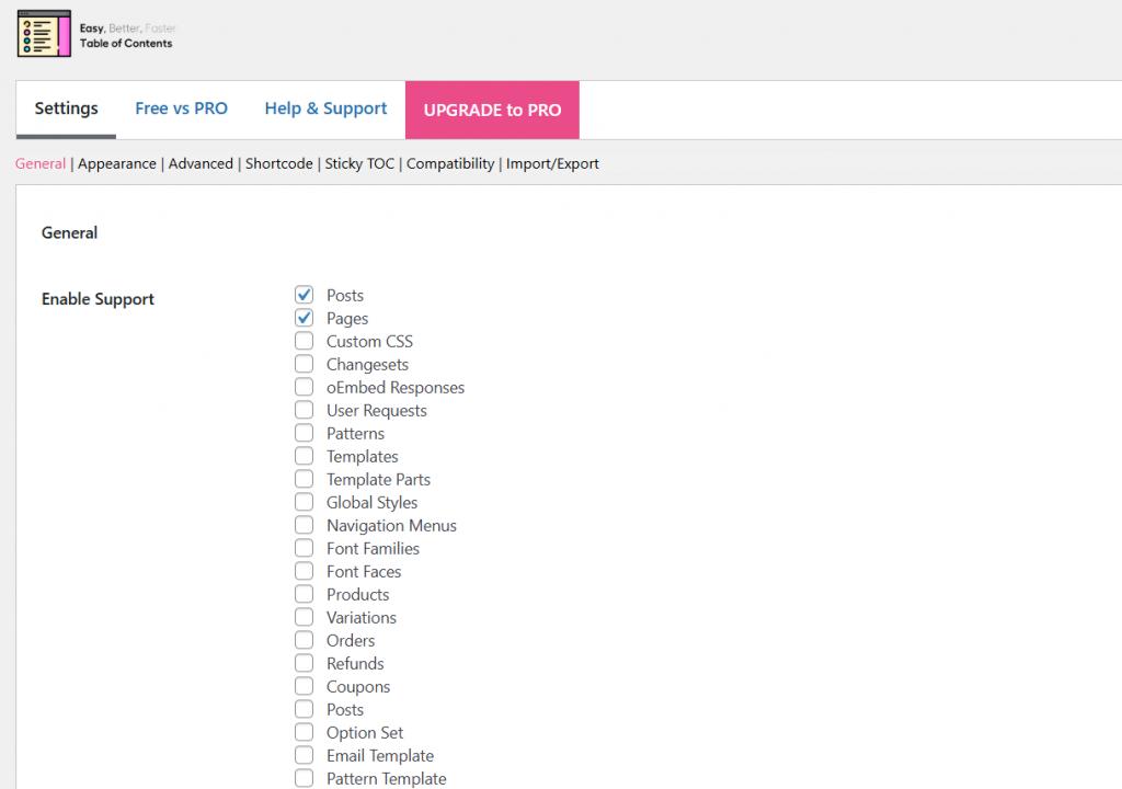 easy table of contents settings