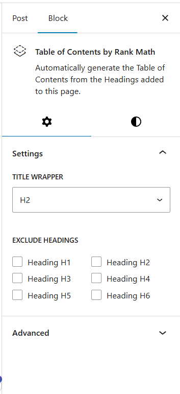 rank math toc block settings