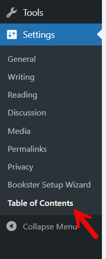 table of contents settings