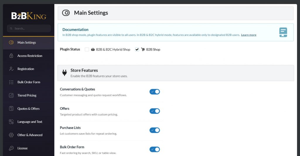 b2bking main dashboard settings