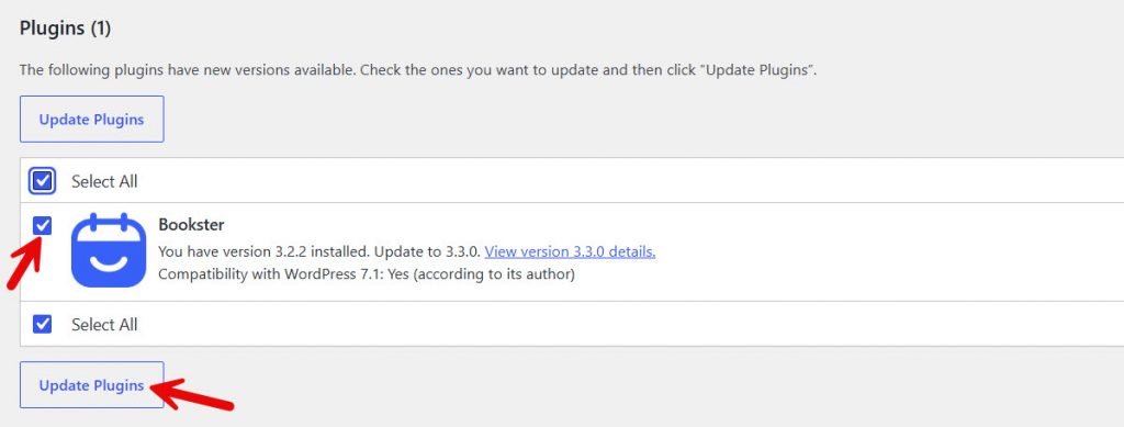 update bookster via wordpress updates page