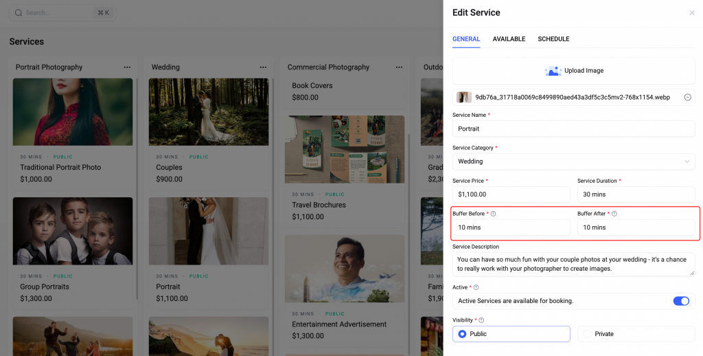 configure the buffer time for booking service