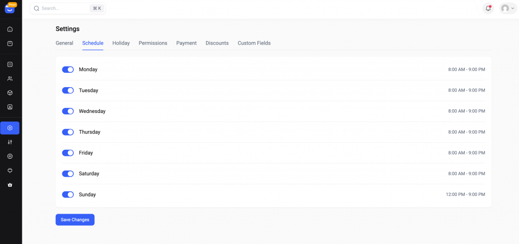 settings the schedule for booking system